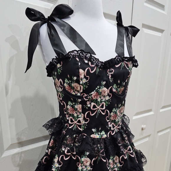 Dolls Kill Widow Goth Bows Floral Bewitched Bloom Tiered Black Lace Mini Dress - Picture 3 of 11